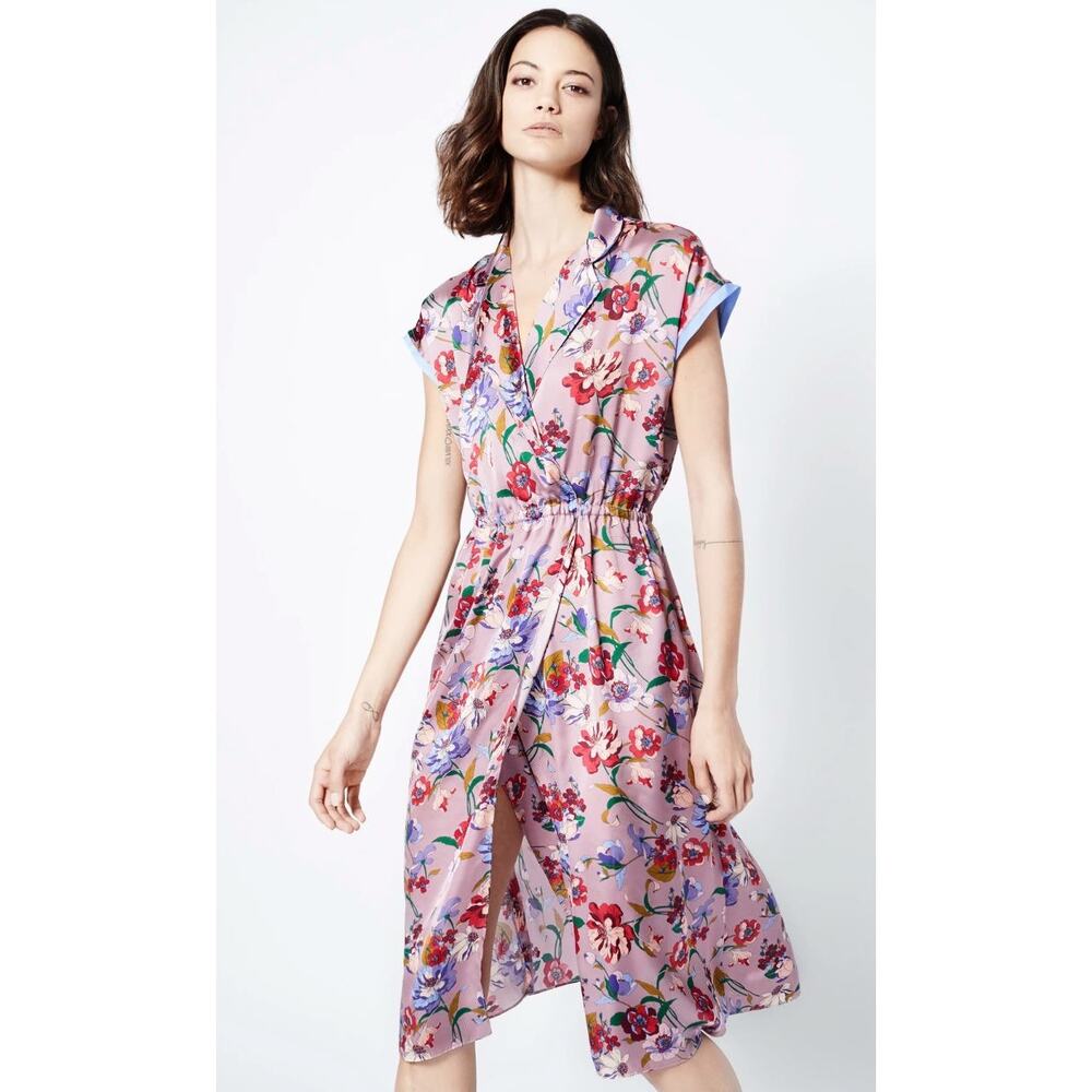 Smythe Floral Print Faux Wrap Midi Dress Lavender Floral Size Small Chic Sexy